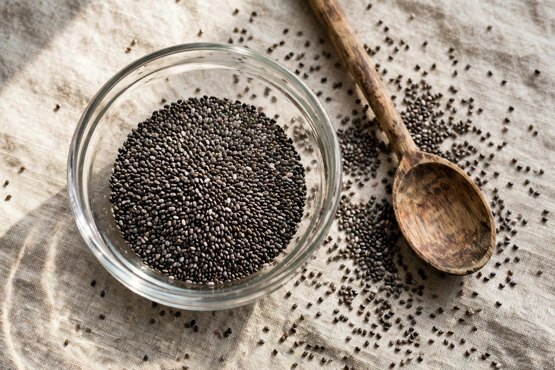 เมล็ดเจีย (Chia Seeds) — 10 อันดับอาหารธรรมชาติที่มีปริมาณใยอาหาร (ไฟเบอร์) สูงที่สุดต่อ 100 กรัม
